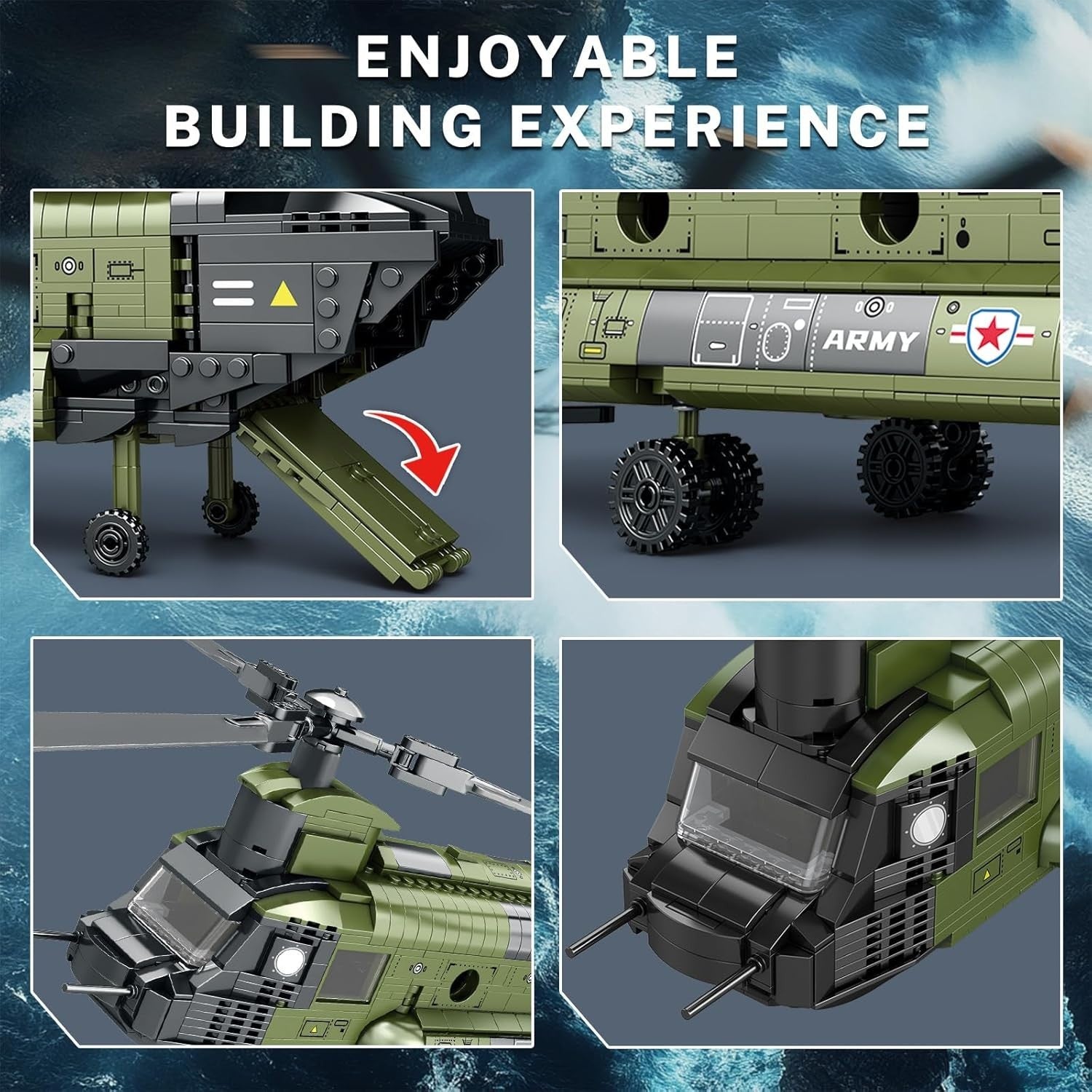 Military Helicopter Building Set - 1458 PCS Model Kit, Realistic Cockpit