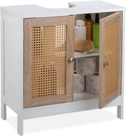 Modern Rattan Bathroom Vanity Unit White 2 Door Floor Standing Sink Cabinet