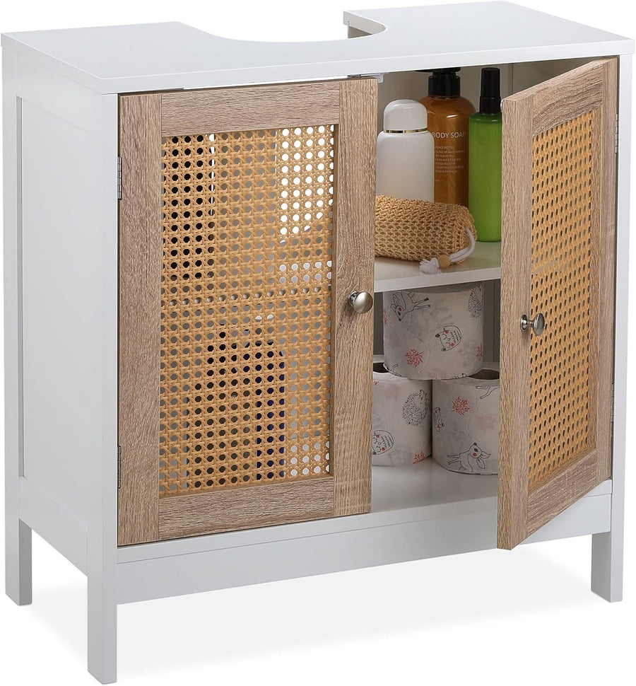 Modern Rattan Bathroom Vanity Unit White 2 Door Floor Standing Sink Cabinet
