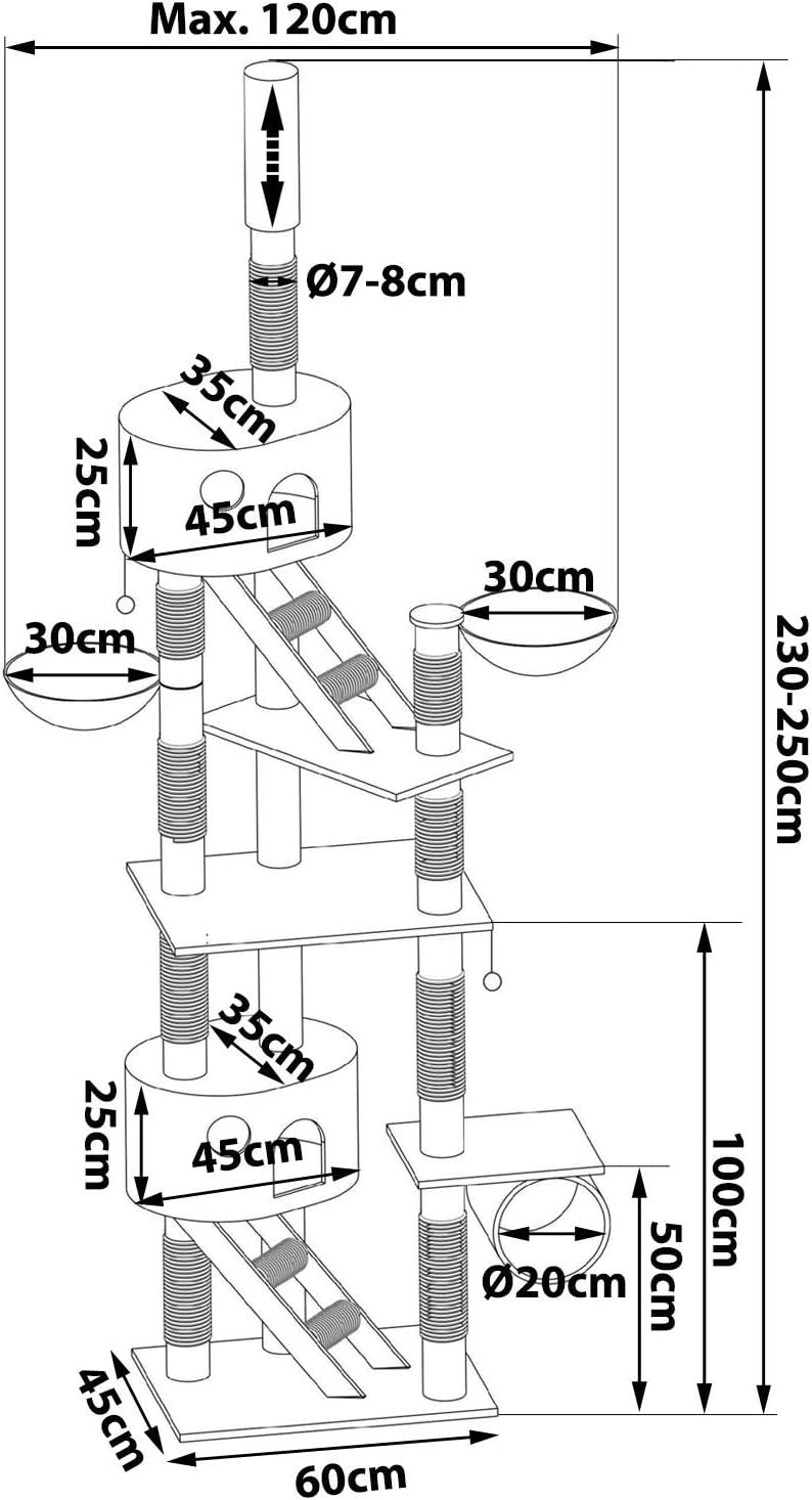 Floor to Ceiling Cat Tree 240–260cm Adjustable Scratching Activity Centre