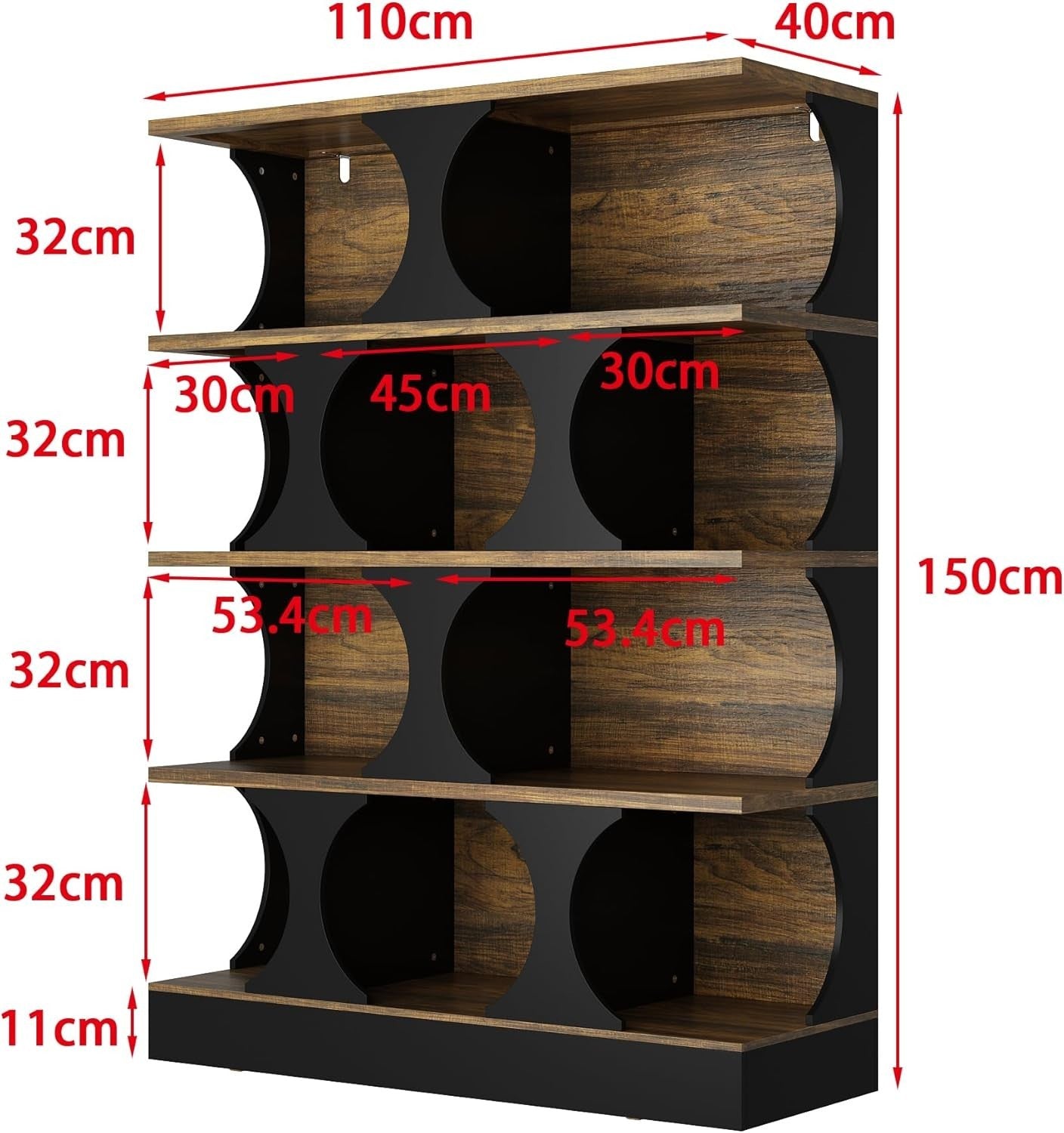 4 Tier Rustic Bookcase with Circular Shelves Industrial Storage Cabinet