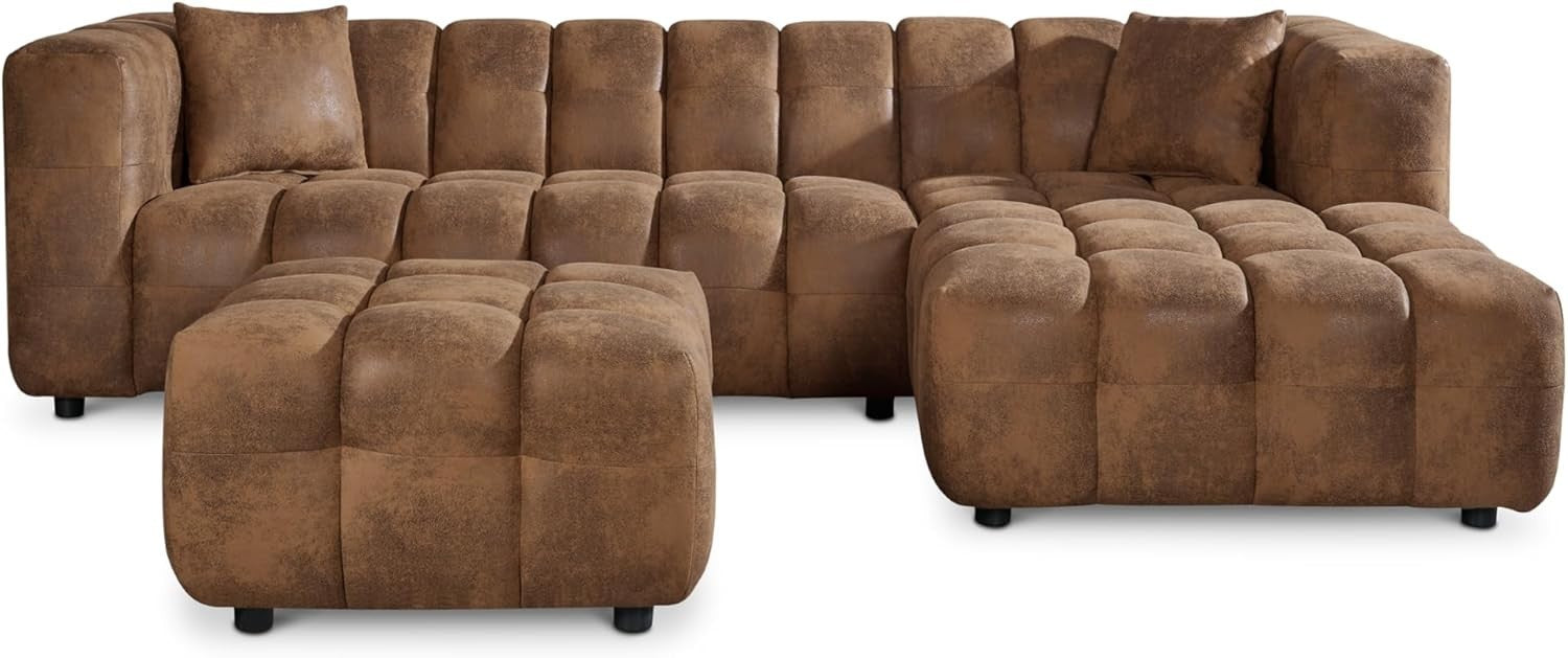 Brown Faux Leather 6-Seater Sectional Sofa with Ottoman & Tufted Design