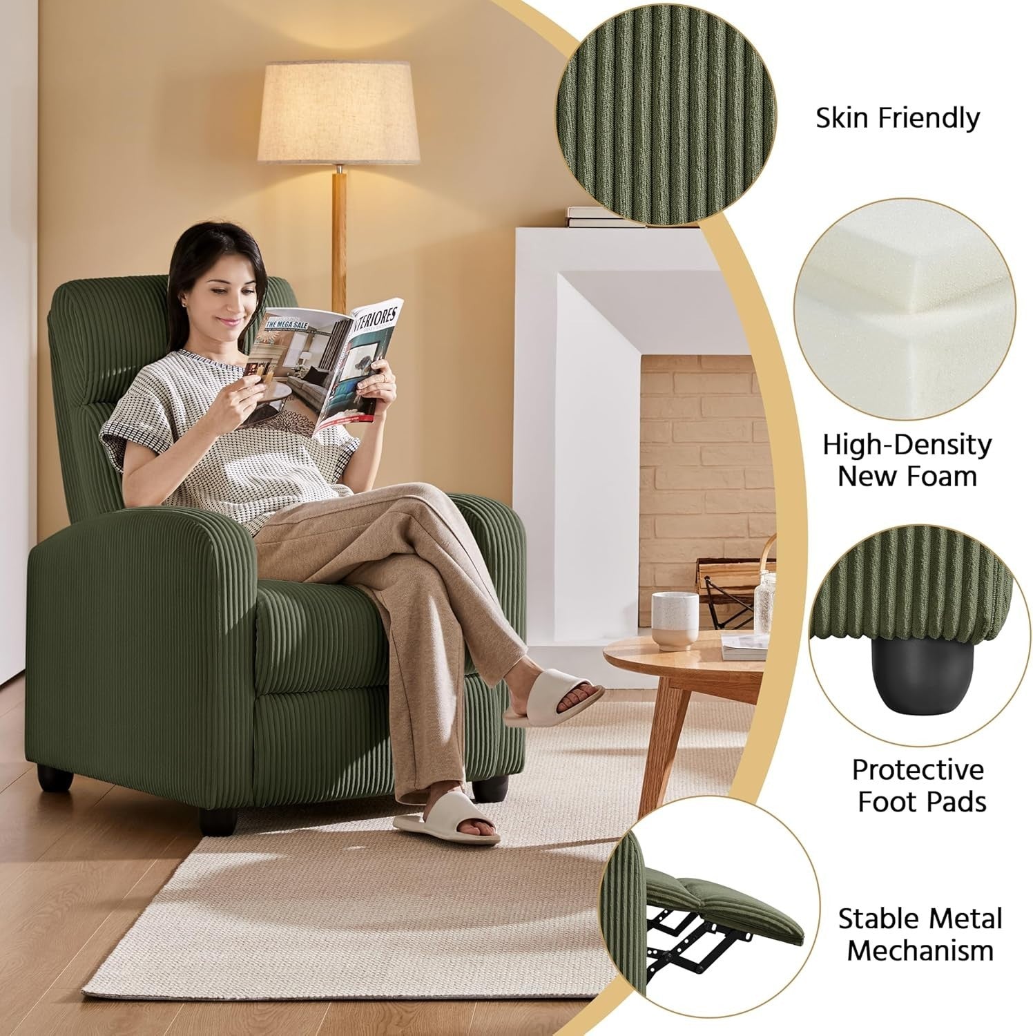 Dark Green Corduroy Recliner Chair Sofa Adjustable Lounge Armchair Home