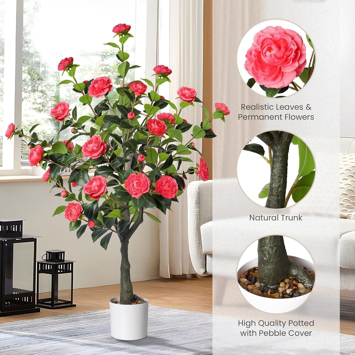Set of 2 4ft Artificial Camellia Trees Pink Flowers Faux Plant Indoor Outdoor