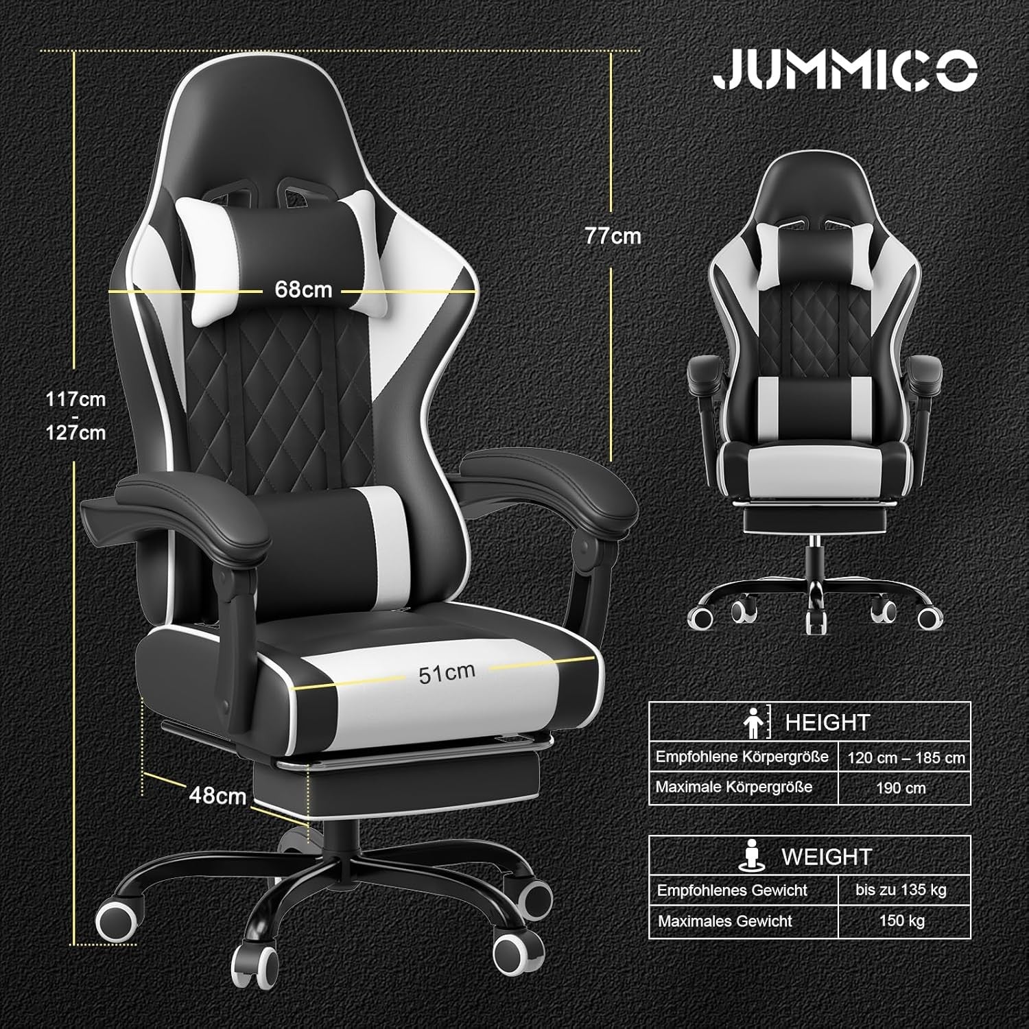 Gaming Chair with Massage Lumbar Recliner Footrest 150kg White