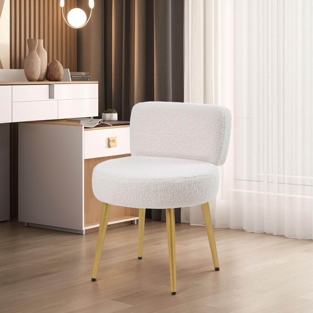 White Teddy Velvet Vanity Stool with Gold Legs – Tufted Back Dressing Chair