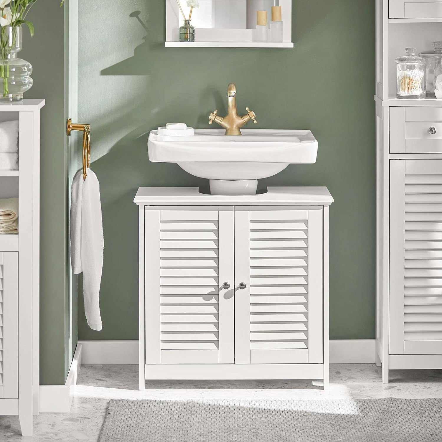 White Under Sink Bathroom Cabinet with Shutter Doors & Adjustable Shelf Unit