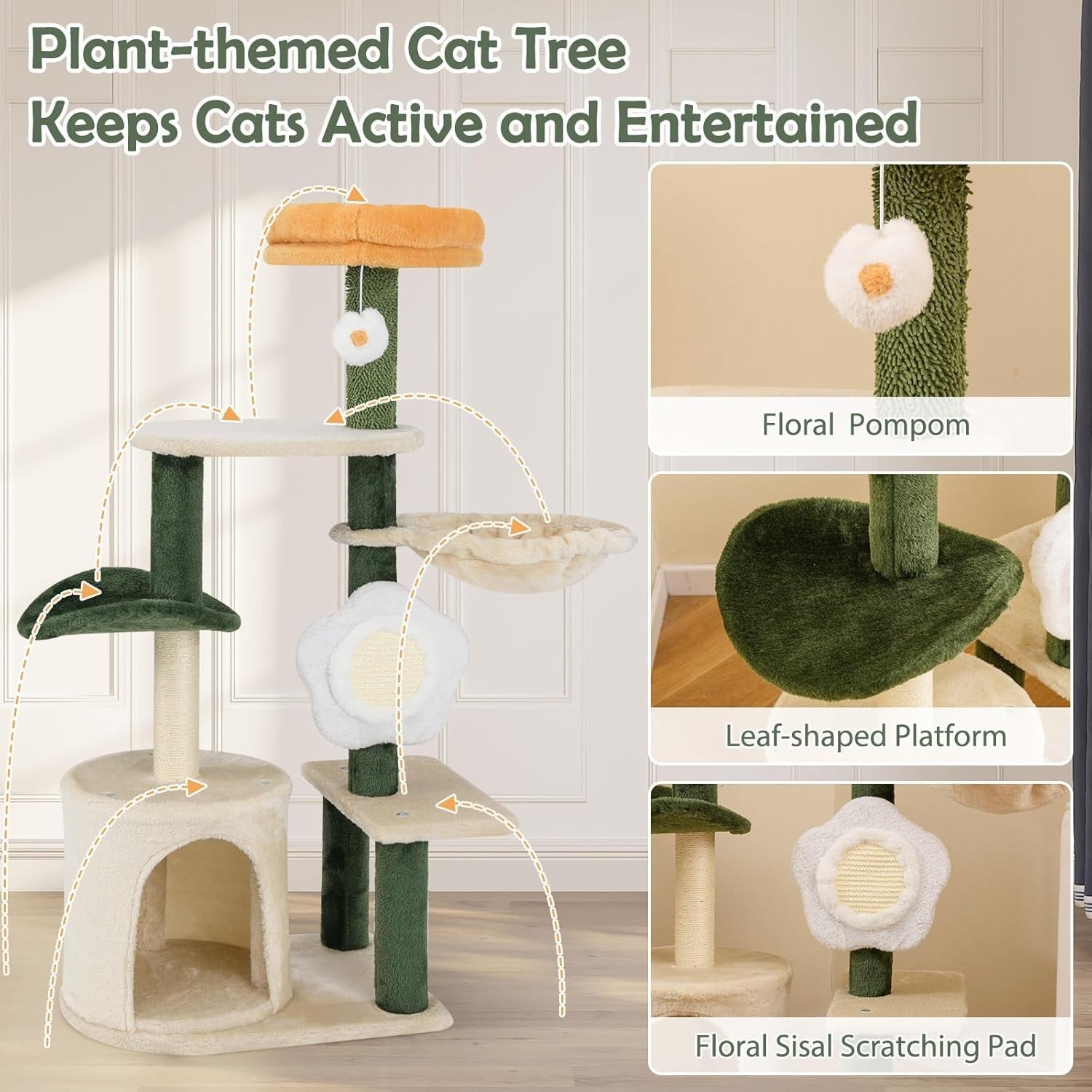 Cat Tree with Condo Hammock Sisal Scratching Post Multi Level Indoor Tower