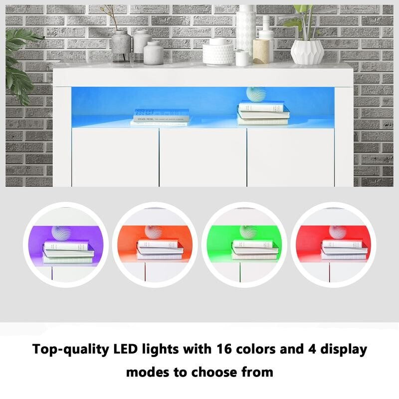LED Sideboard Cabinet High Gloss White 3-Door Storage Unit with Lights