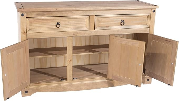 Solid Pine Sideboard Cabinet with 3 Doors & 2 Drawers, Rustic Wooden Storage