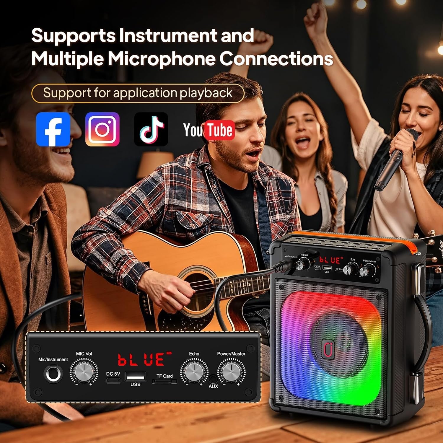Portable Karaoke Machine 2 Wireless Mics Bluetooth PA Speaker LED