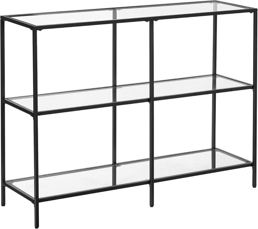 Glass Console Table with 3 Shelves, Steel Frame, Modern Black Storage