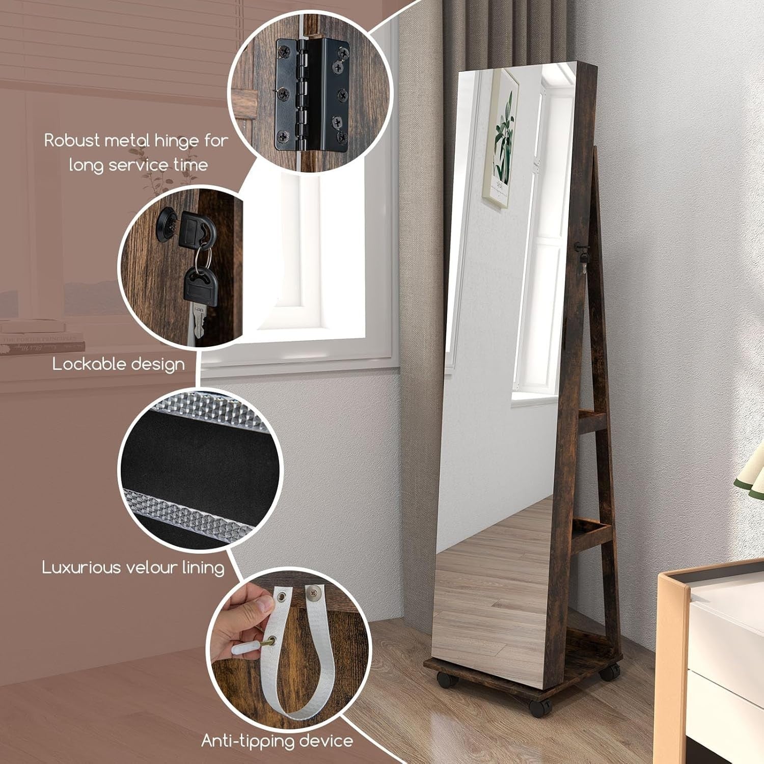 Coffee LED Jewelry Cabinet Mirror Lockable Rolling Storage Organizer
