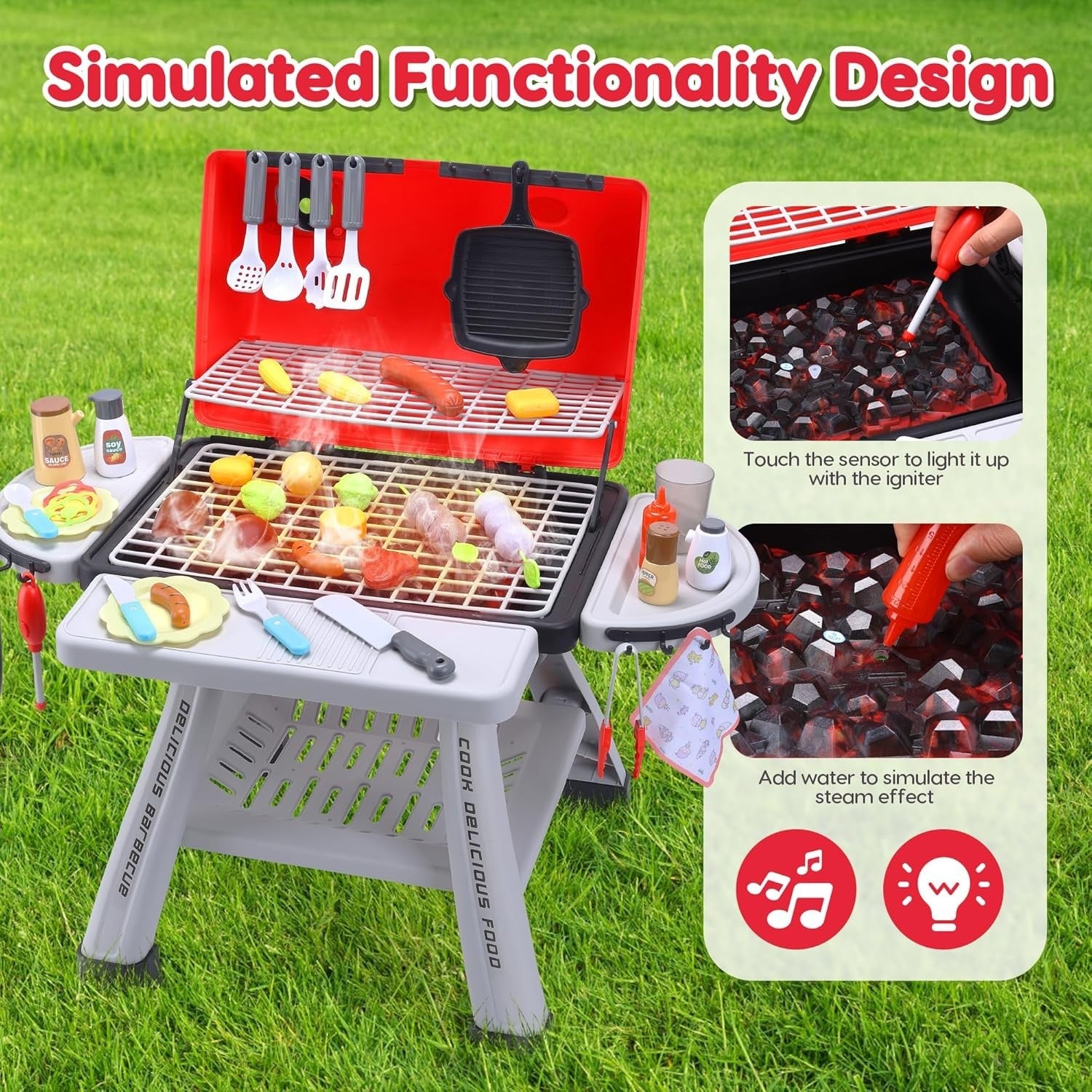 Kids BBQ Grill Playset Smoke Lights Sounds Pretend Kitchen Toy Set