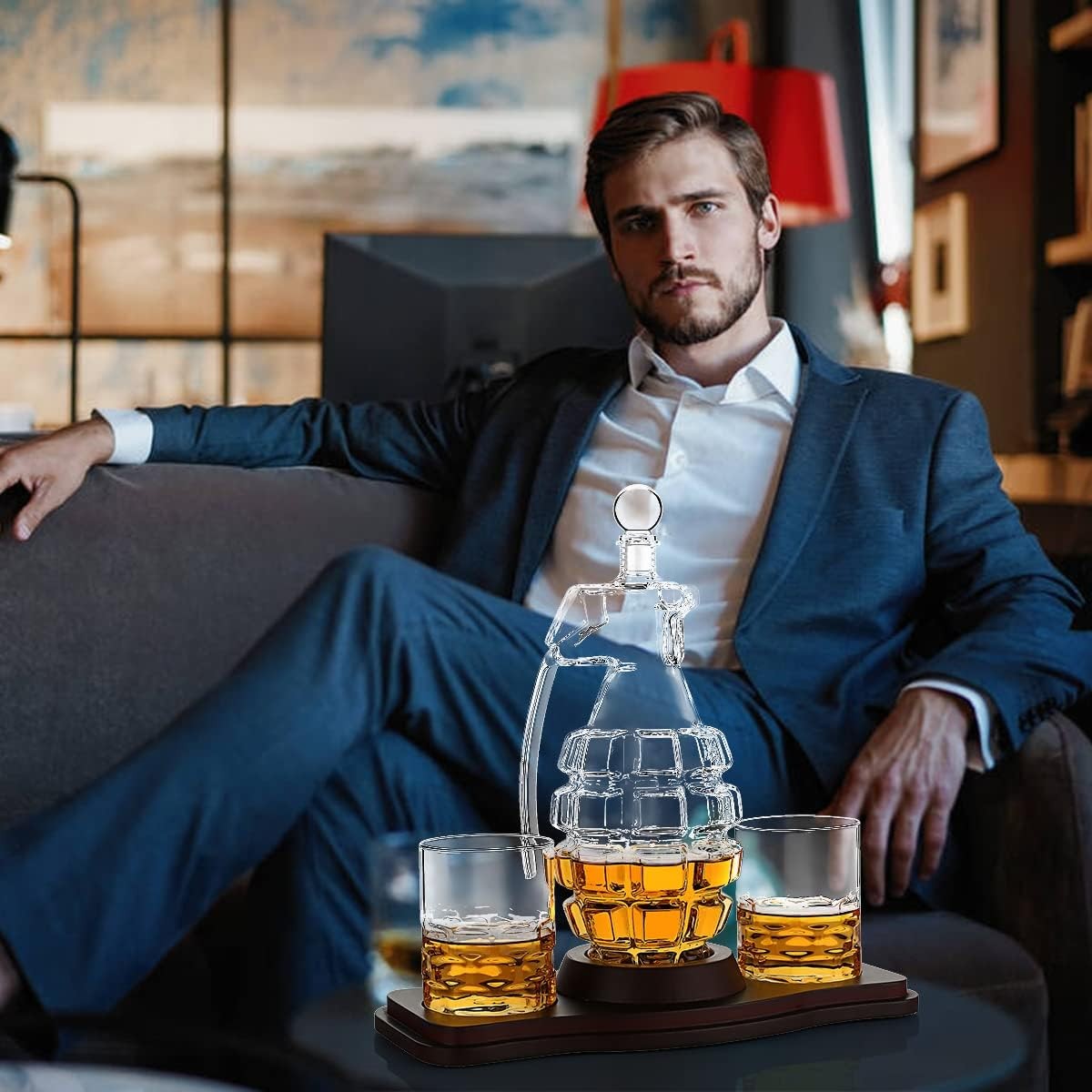 Bomb Whiskey Decanter Set 850ml with Glasses & Wooden Stand | Gift for Men