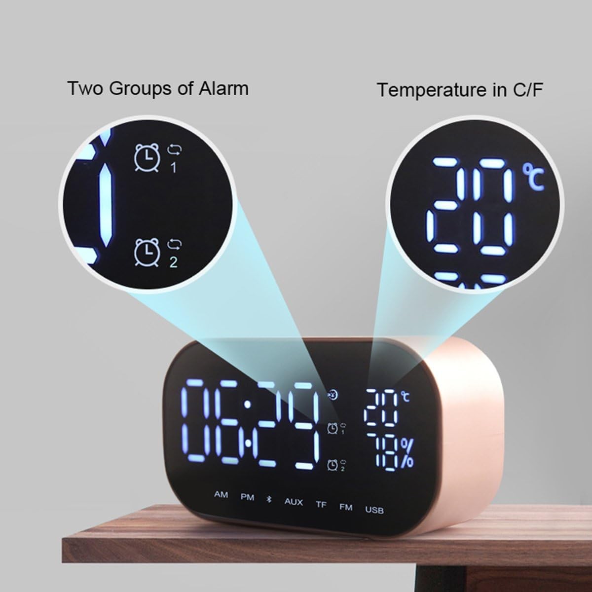 Rose Gold LED Alarm Clock Bluetooth Speaker Wireless Radio Mirror Display