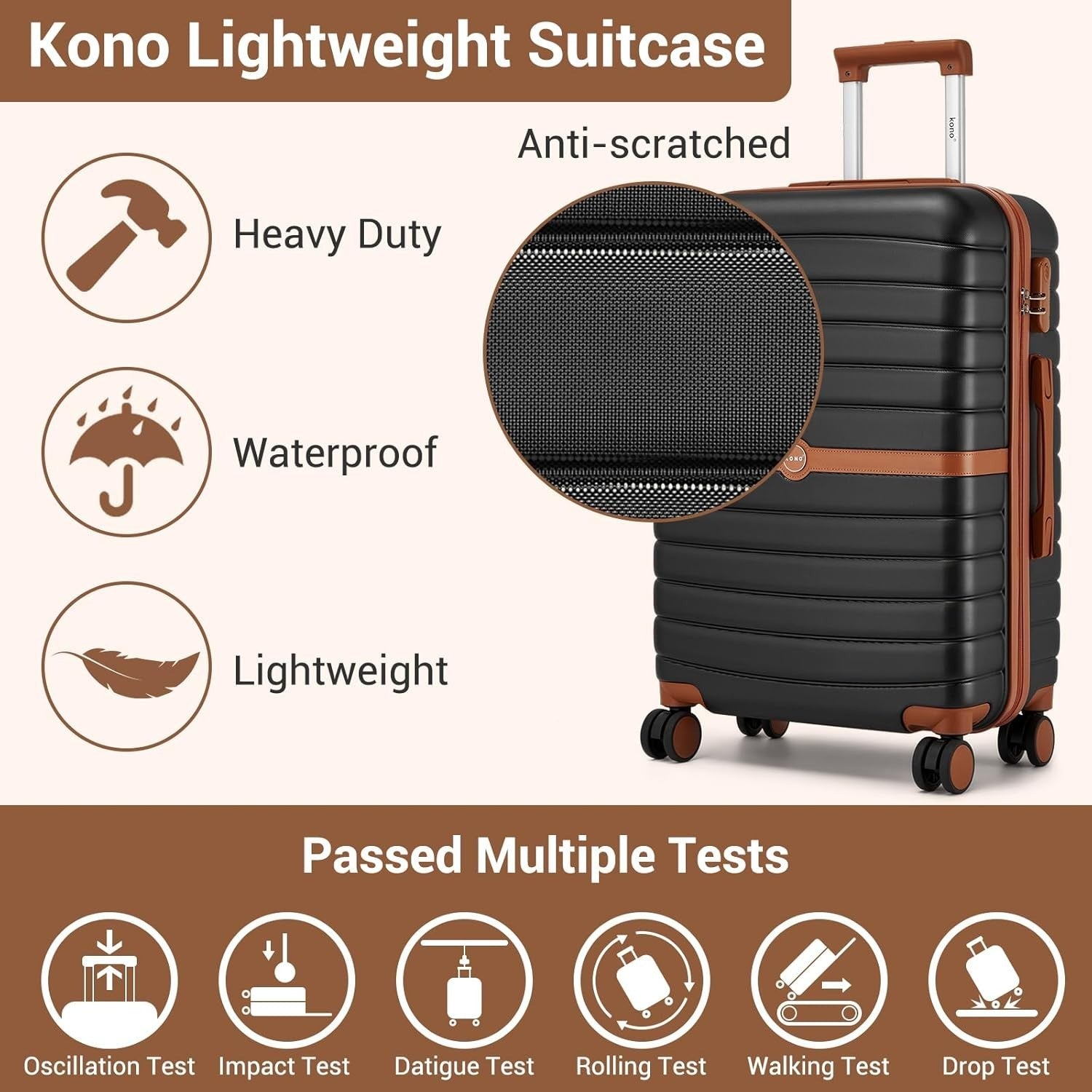 24'' Black Brown Check In Suitcase ABS PC Hard Shell Spinner Wheels Lock