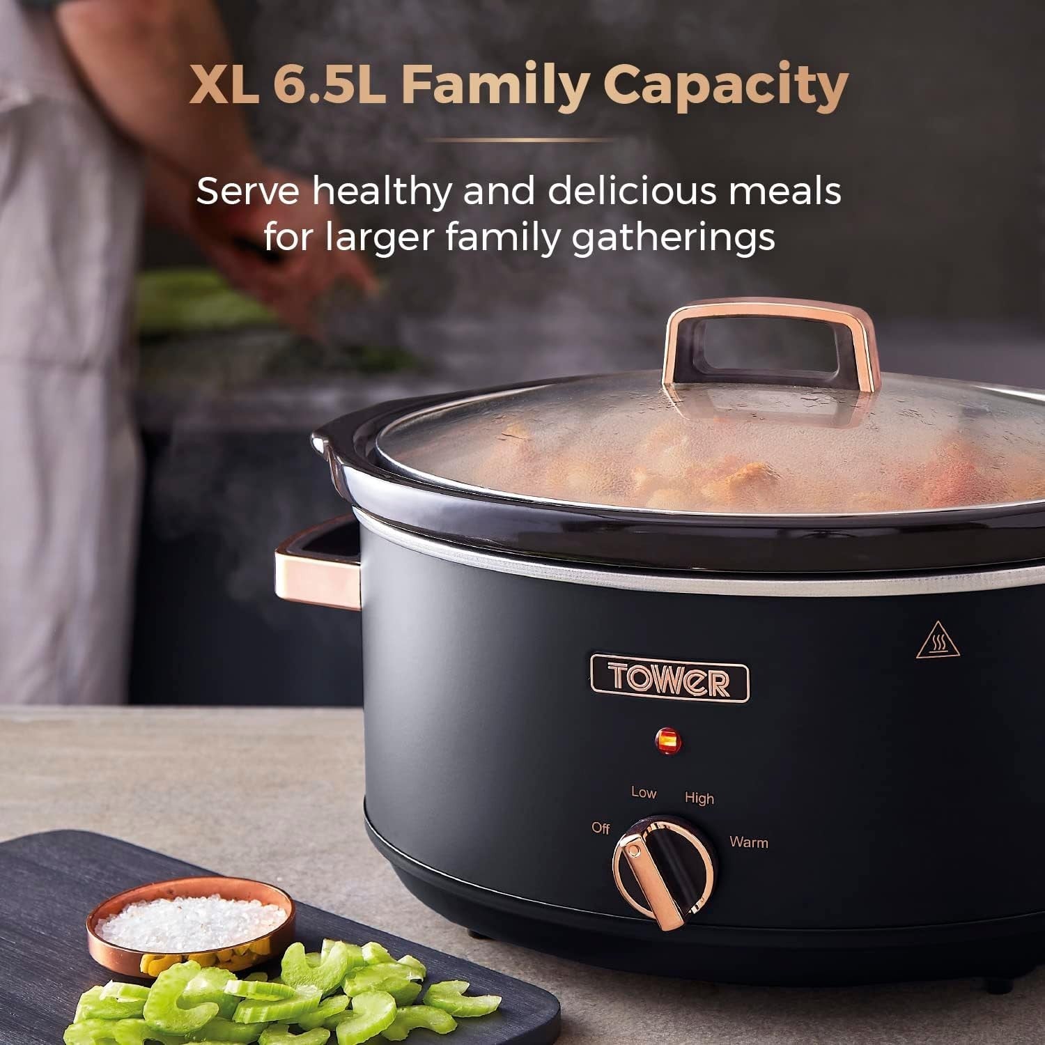 6.5L Large Electric Slow Cooker Ceramic Pot 3 Heat Settings Black Rose Gold