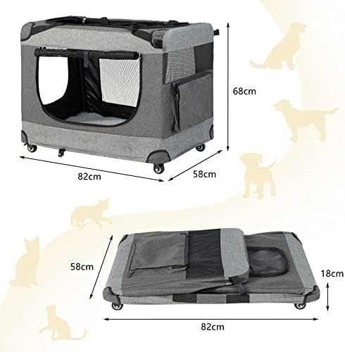 Foldable Grey Pet Carrier Crate with Wheels 3-Door Travel Bag for Cats & Dogs