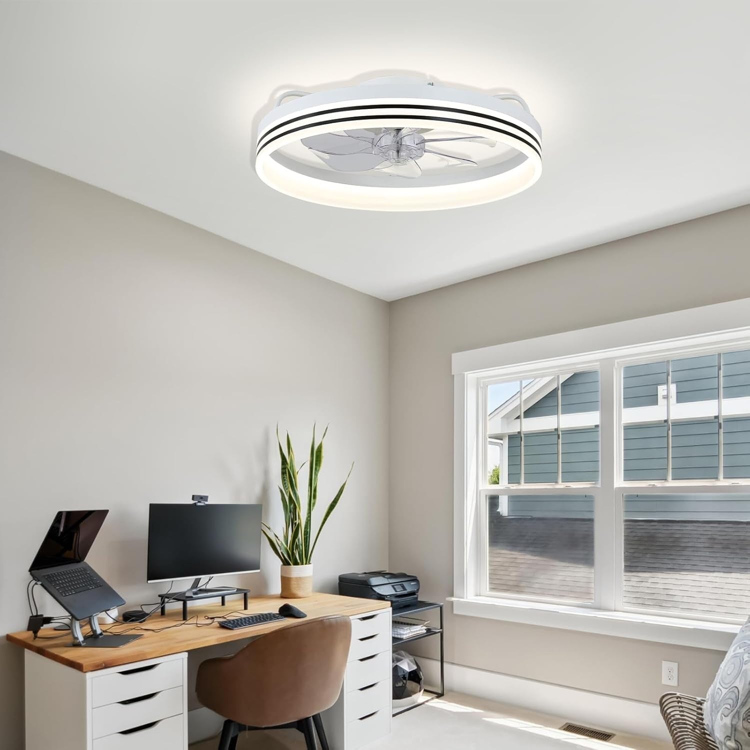 White LED Ceiling Fan, 6 Speeds, Dimmable, Color Change, Remote