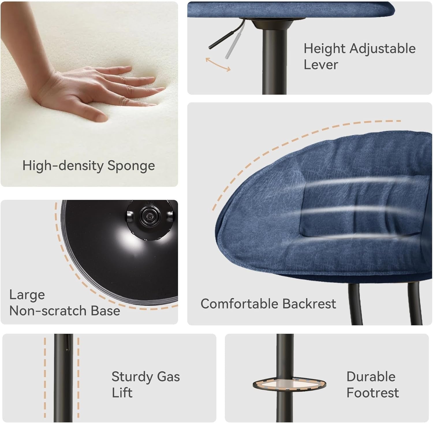 Adjustable Swivel Bar Stools Set of 2 | Blue Faux Leather Counter Height