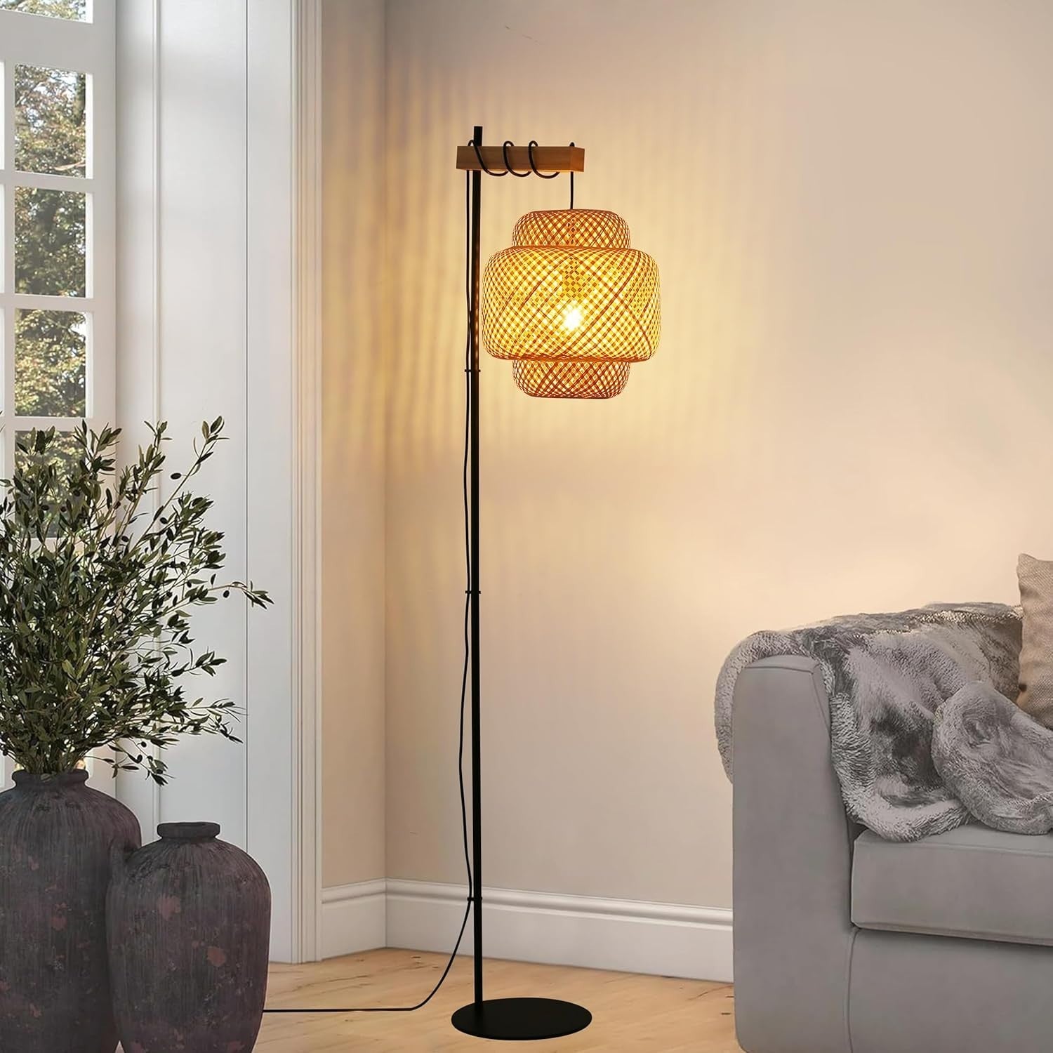 Boho Bamboo Floor Lamp with Foot Switch & Industrial Cake Shade