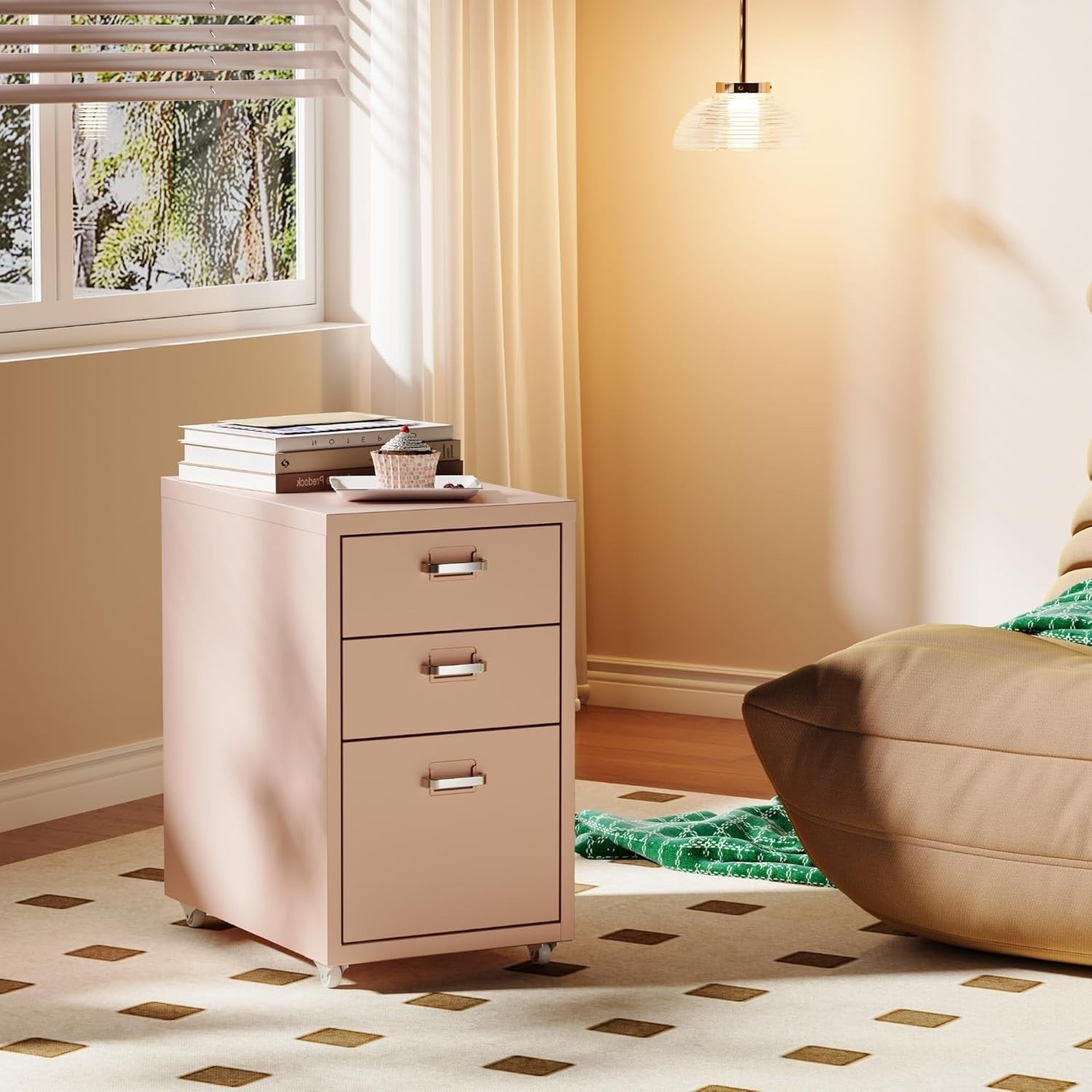 Pink Mobile Filing Cabinet 3 Drawer A4 Under Desk Office Storage
