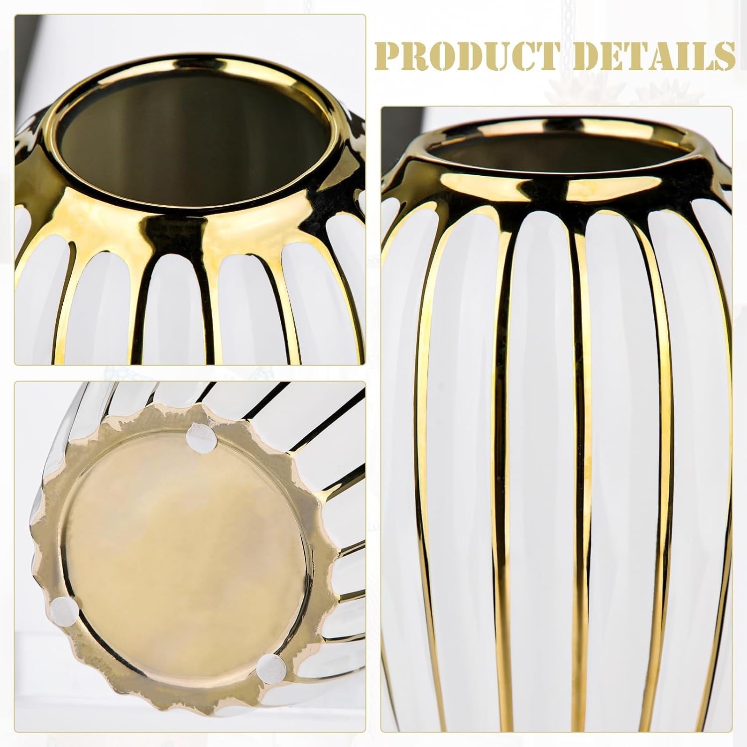 White Gold Ribbed Ceramic Vase Luxury Floral Table Home Décor 9.8 Inch