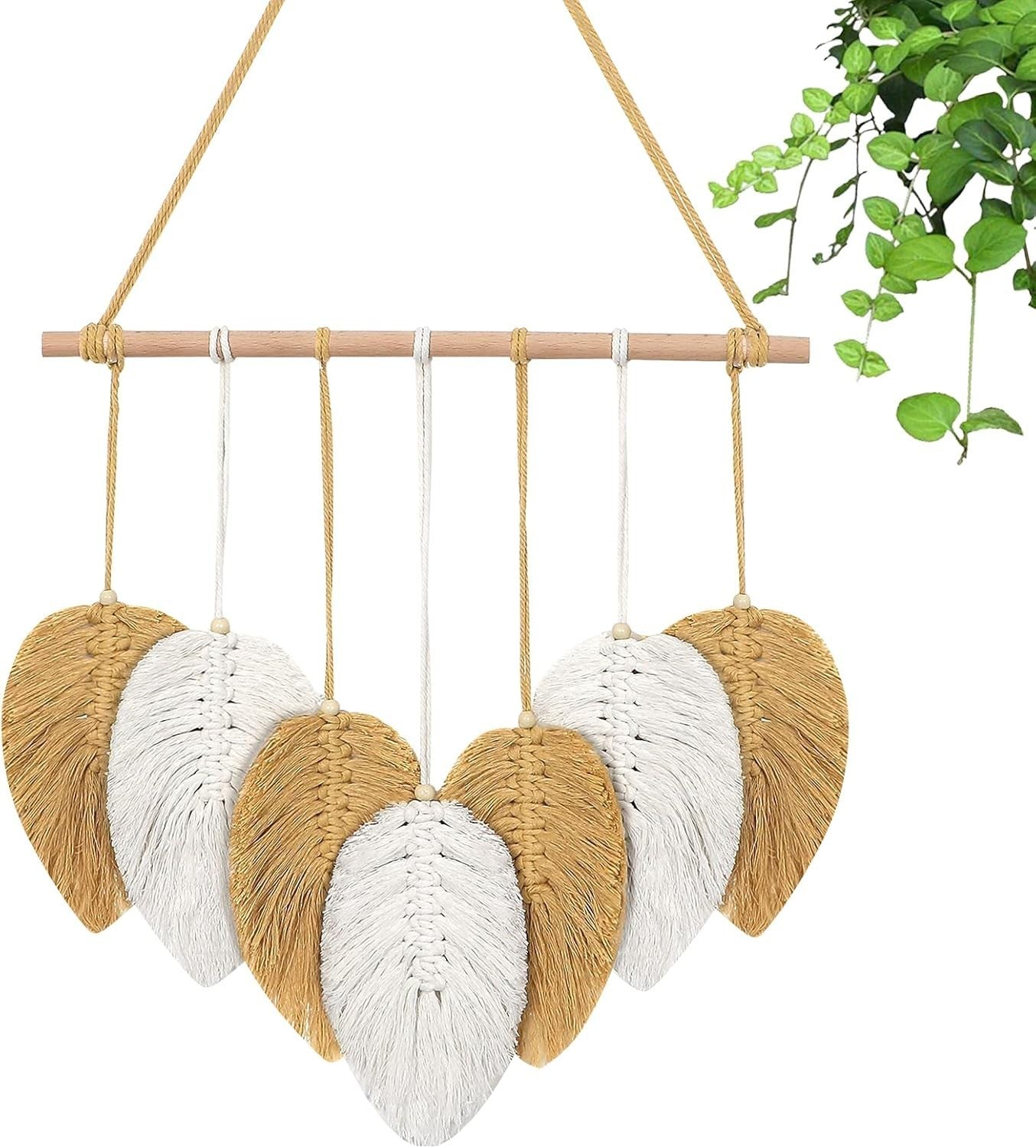 Yellow Macrame Wall Hanging Boho Leaf Feather Tapestry 40x45cm