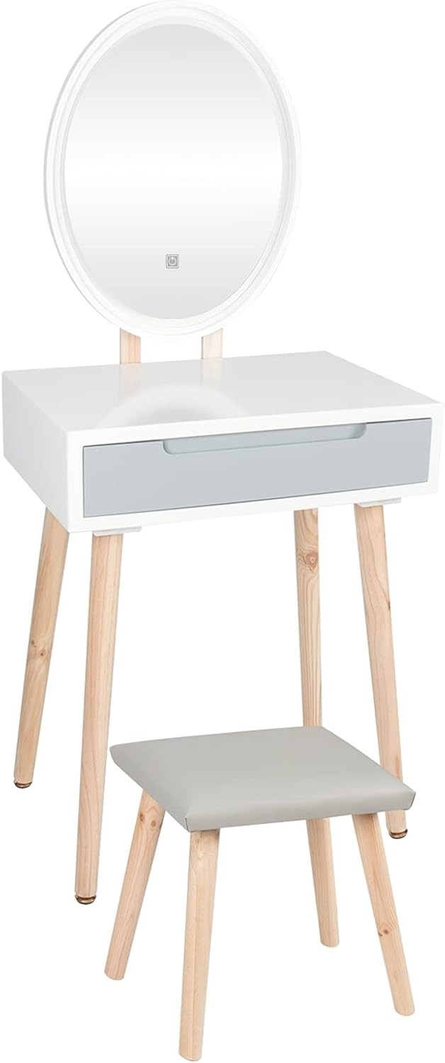 White Dressing Table LED Mirror Stool Set Vanity Desk Bedroom Makeup Storage