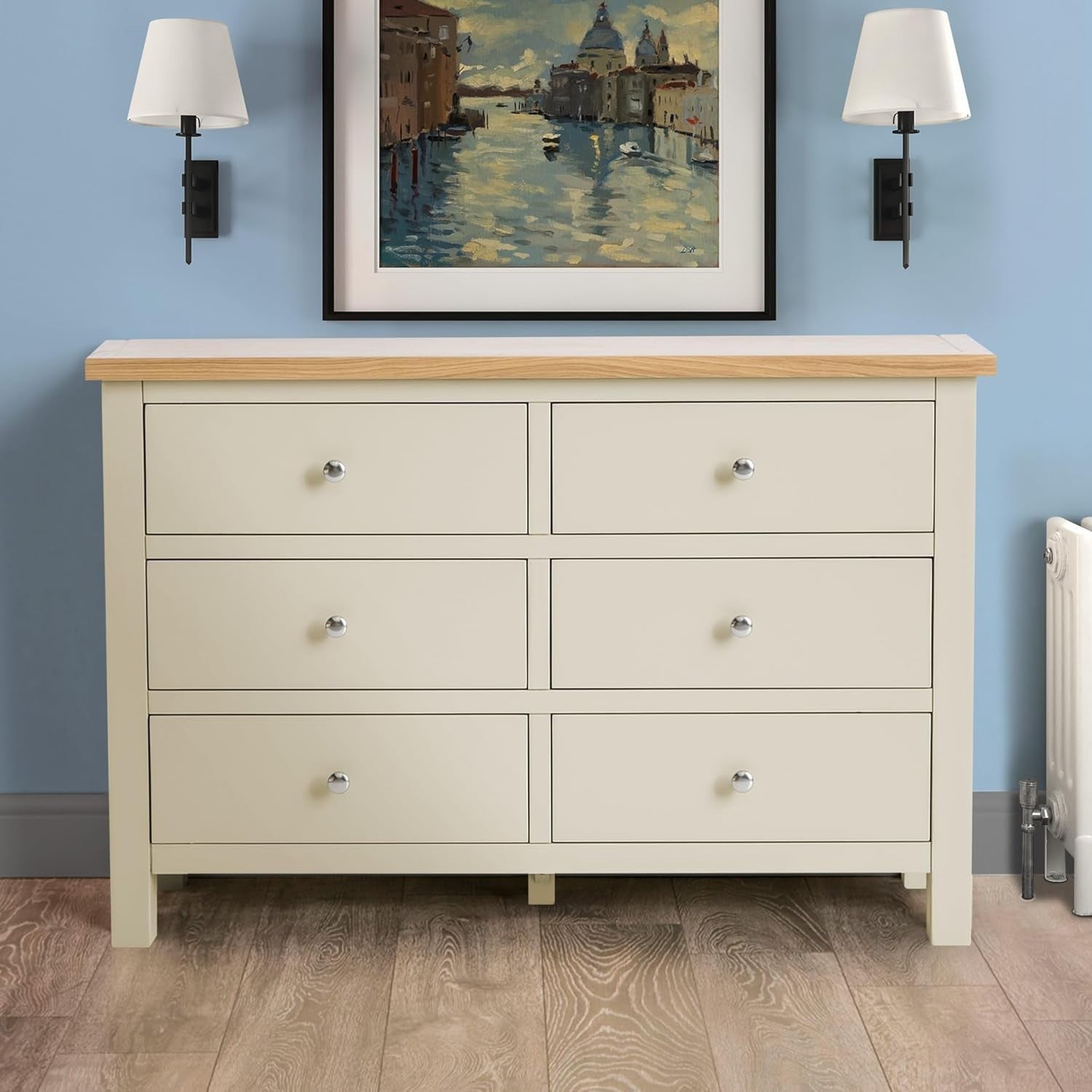 Large Cream Wooden Chest of Drawers 6 Spacious Storage Oak Top 78x120cm