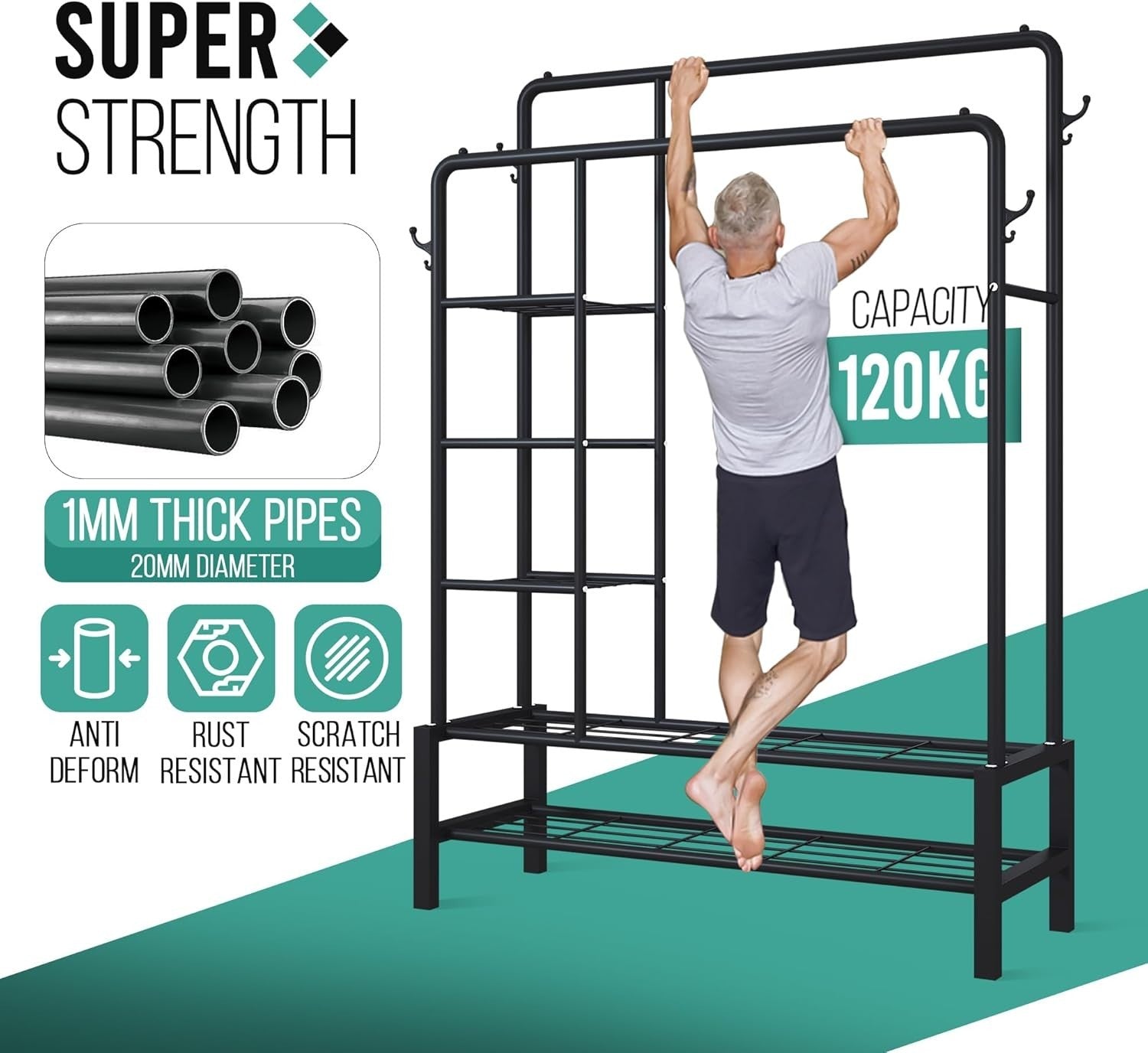 Heavy Duty Clothes Rail Black 120KG Double Hanging Rack With Shelves