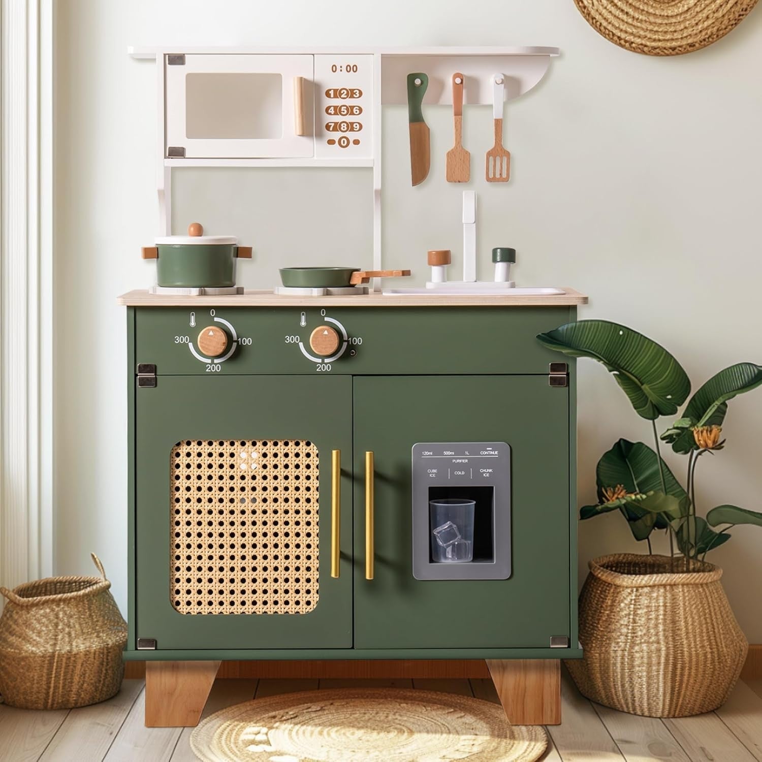 Wooden Kids Play Kitchen w/ Ice Dispenser Vintage Green Toy