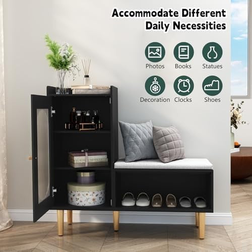 Modern L-Shaped Shoe Storage Bench Cabinet with Glass Doors – Black