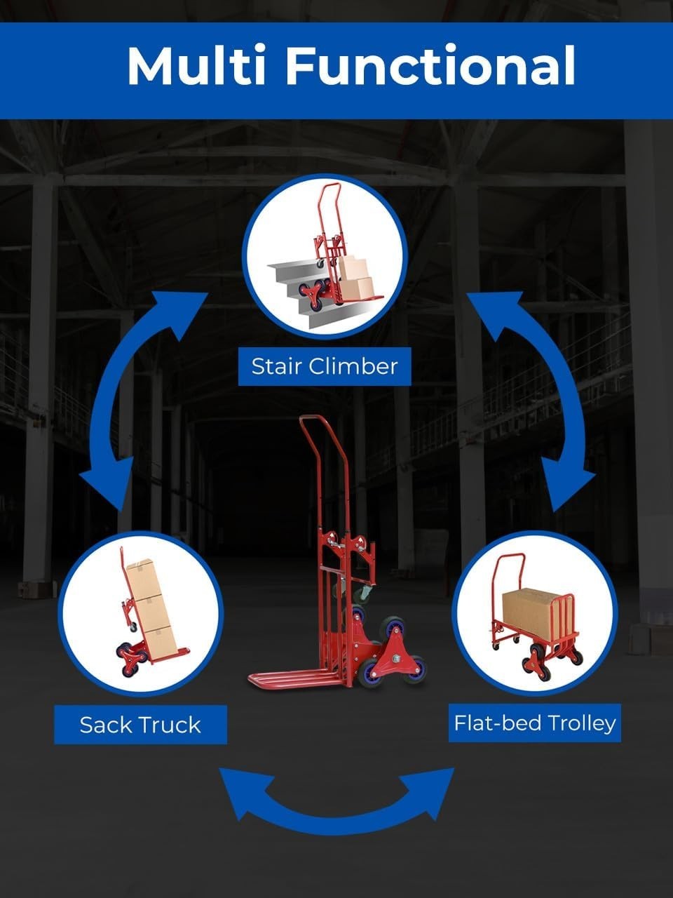 2 in 1 Stair Climbing Hand Truck 150kg Tri Wheel Sack Barrow Trolley