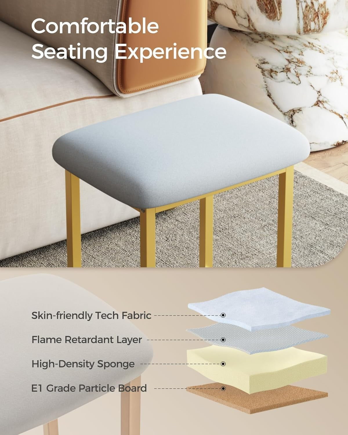 White Gold Vanity Stool Soft Padded Modern Dressing Table Seat 41x30x45cm