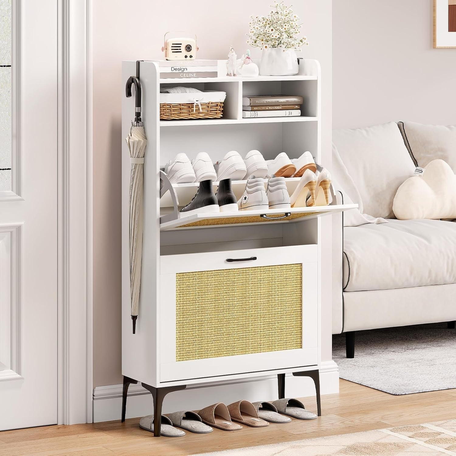Compact Rattan White Shoe Cabinet 2 Flip Drawers + Open Storage 60x24x114cm