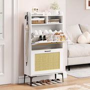 Compact Rattan White Shoe Cabinet 2 Flip Drawers + Open Storage 60x24x114cm