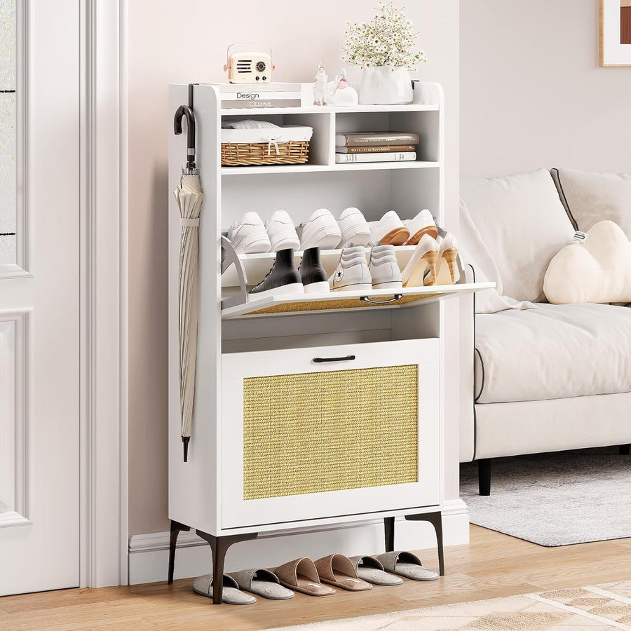 Compact Rattan White Shoe Cabinet 2 Flip Drawers + Open Storage 60x24x114cm