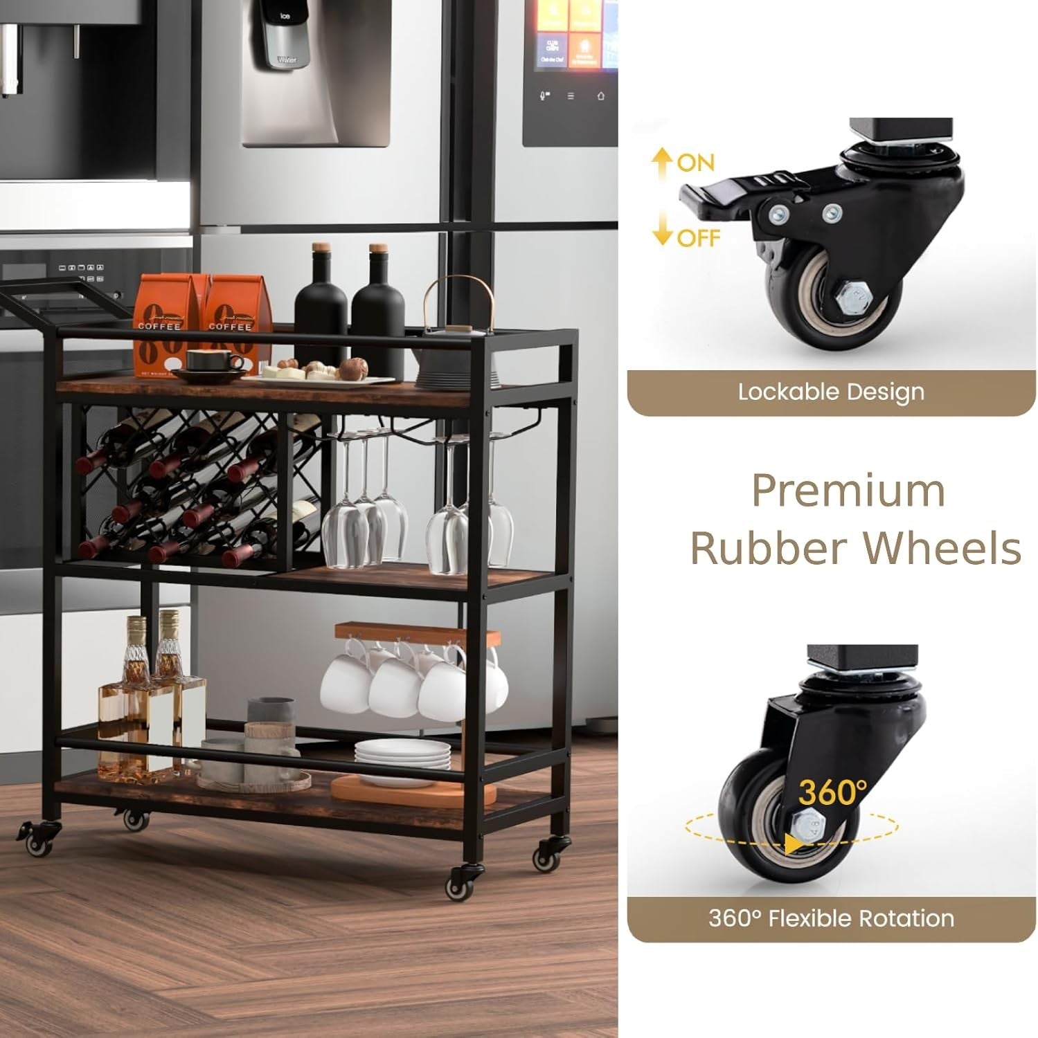 3 Tier Rolling Serving Cart Drinks Trolley Wine Rack Glass Holder on Wheels