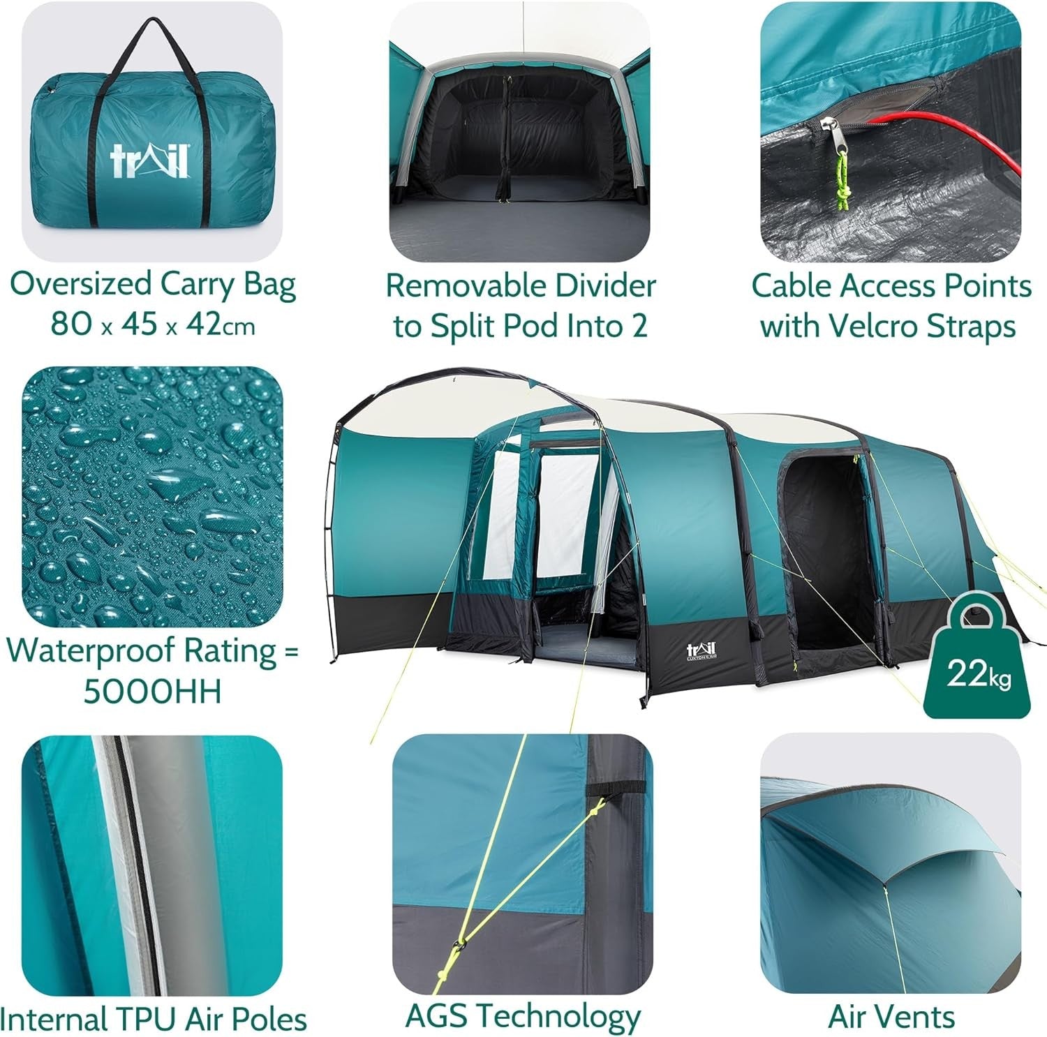 5 Man Inflatable Air Tent 5000mm Waterproof Family Camping Tunnel