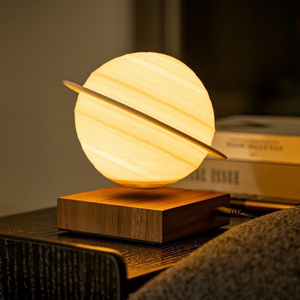 Levitating Saturn Lamp Walnut Wood Base 3D Printed Floating Night Light