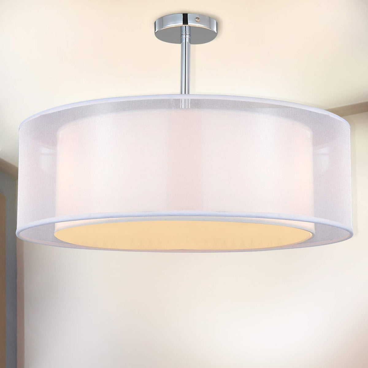 Modern White Drum Ceiling Light 3 Bulb Fabric Pendant Flush Mount