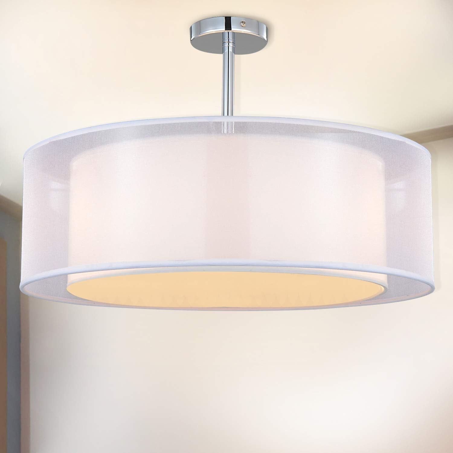 Modern White Drum Ceiling Light 3 Bulb Fabric Pendant Flush Mount
