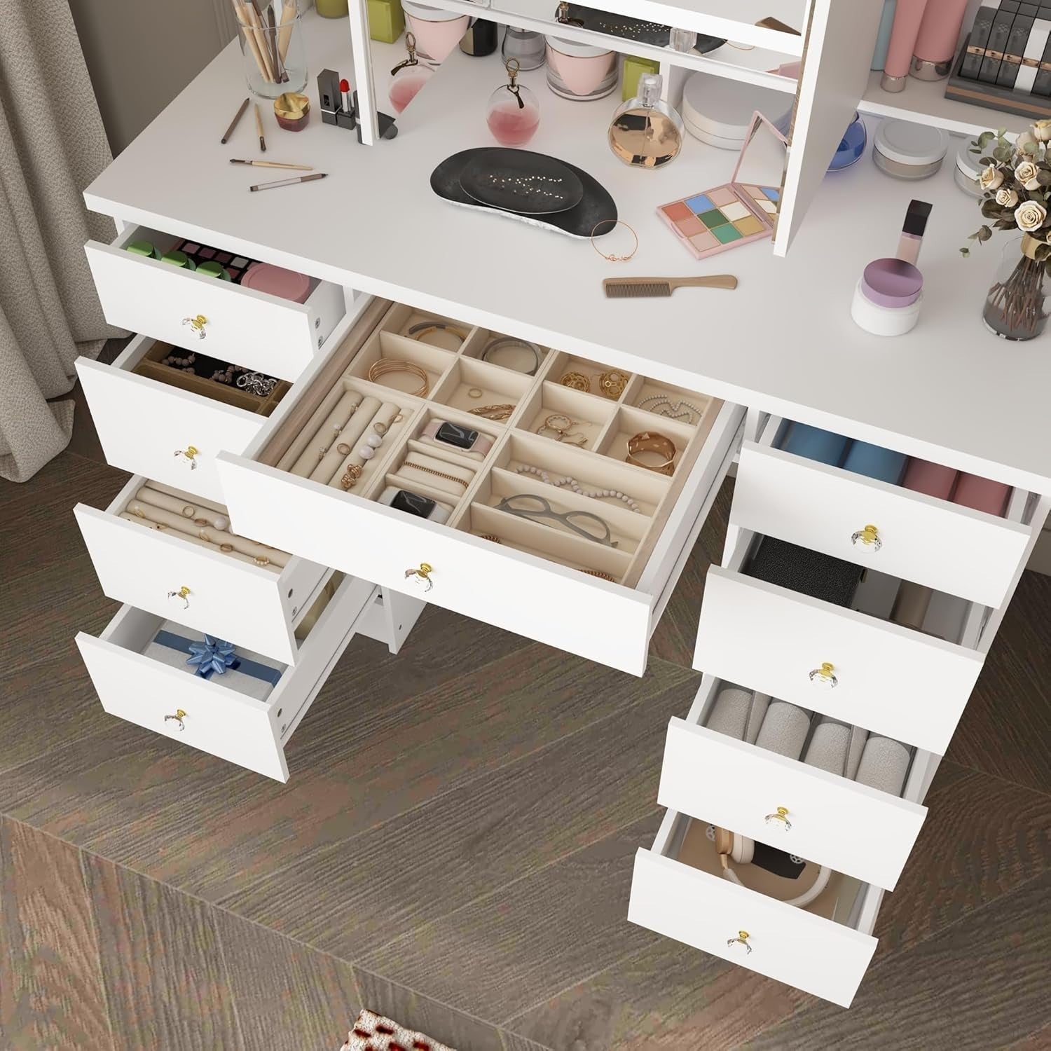 White Makeup Vanity Desk w/ 3-Panel Lighted Mirror 9 Drawers Storage