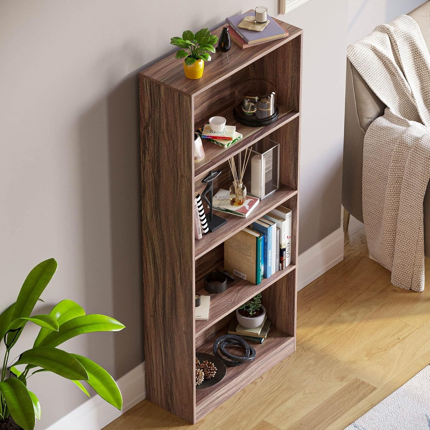 4 Tier Walnut Wooden Bookcase Modern Storage Display Shelf for Living Room