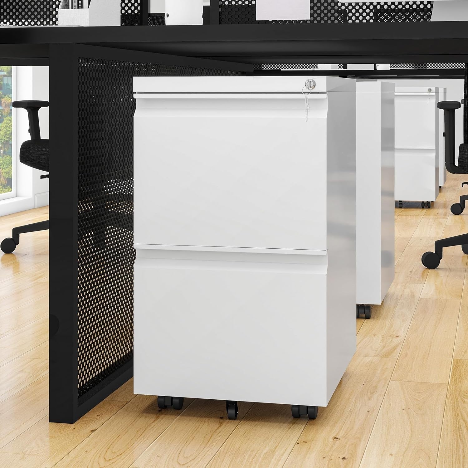 White Mobile Filing Cabinet 2 Drawer Lockable Anti Tip Under Desk