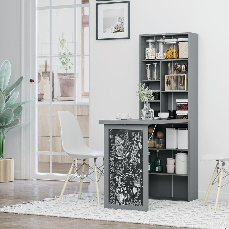 Grey Folding Wall Desk with Blackboard & Bookcase – Space Saving Office Unit