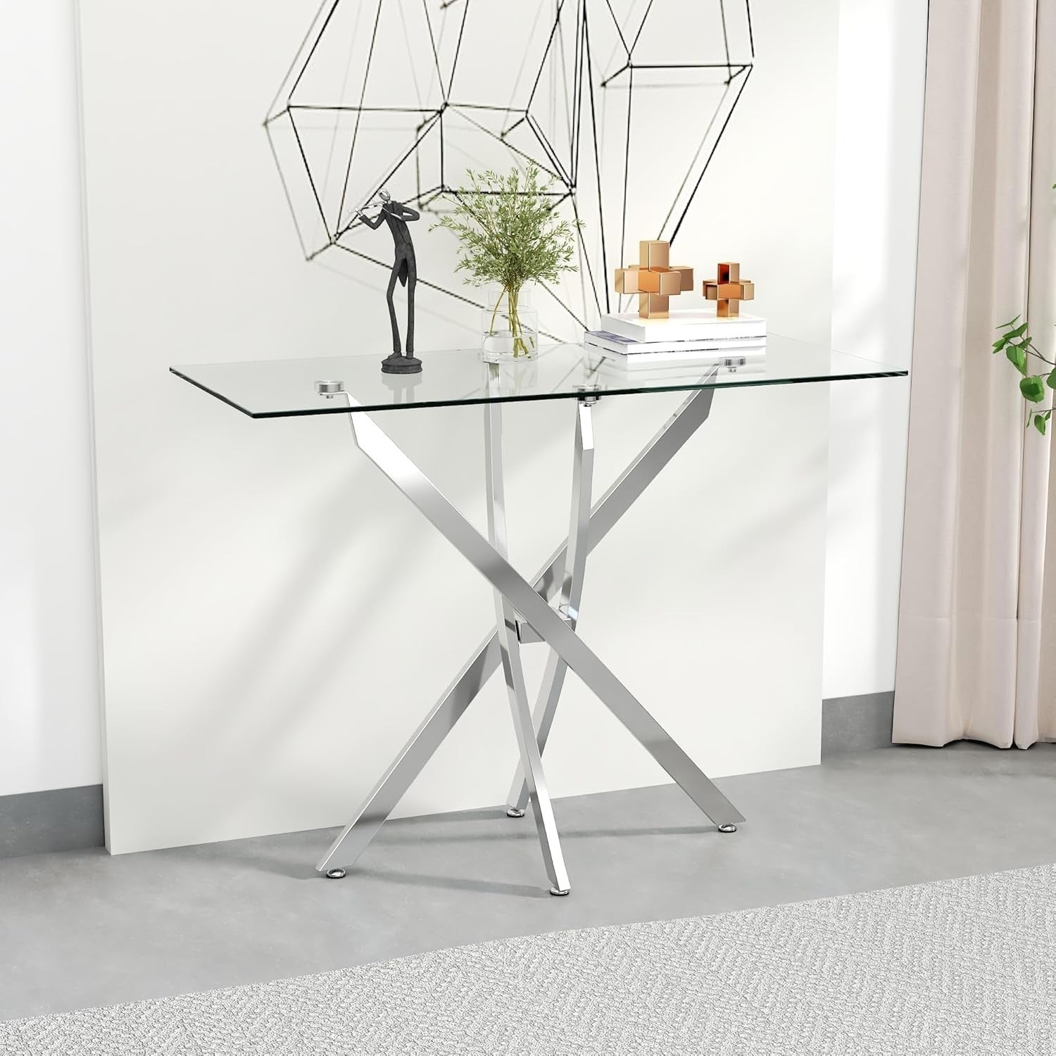 Modern Slim Glass Console Table 100cm, Silver Metal Legs for Hallway