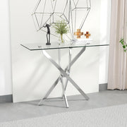 Modern Slim Glass Console Table 100cm, Silver Metal Legs for Hallway